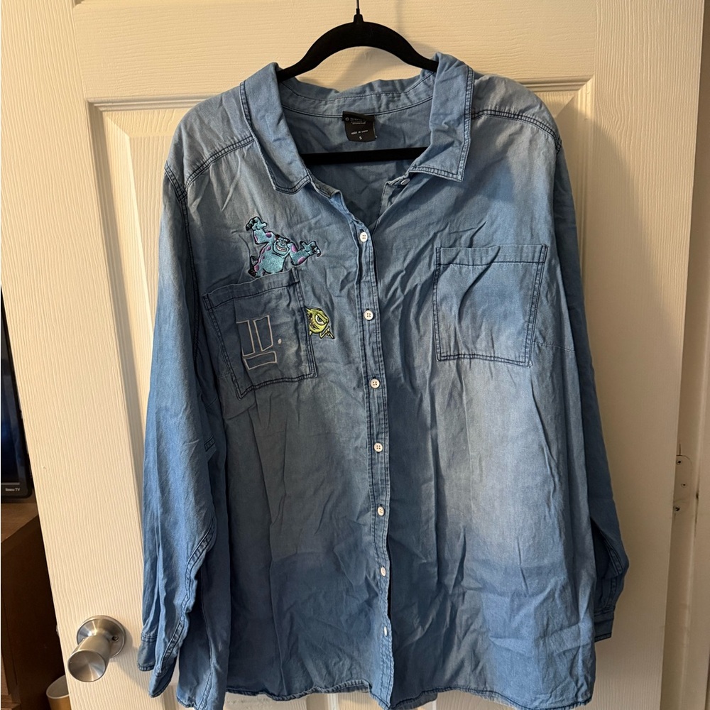 Monsters Inc Blue Denim Button-Up Shirt with Embroidery